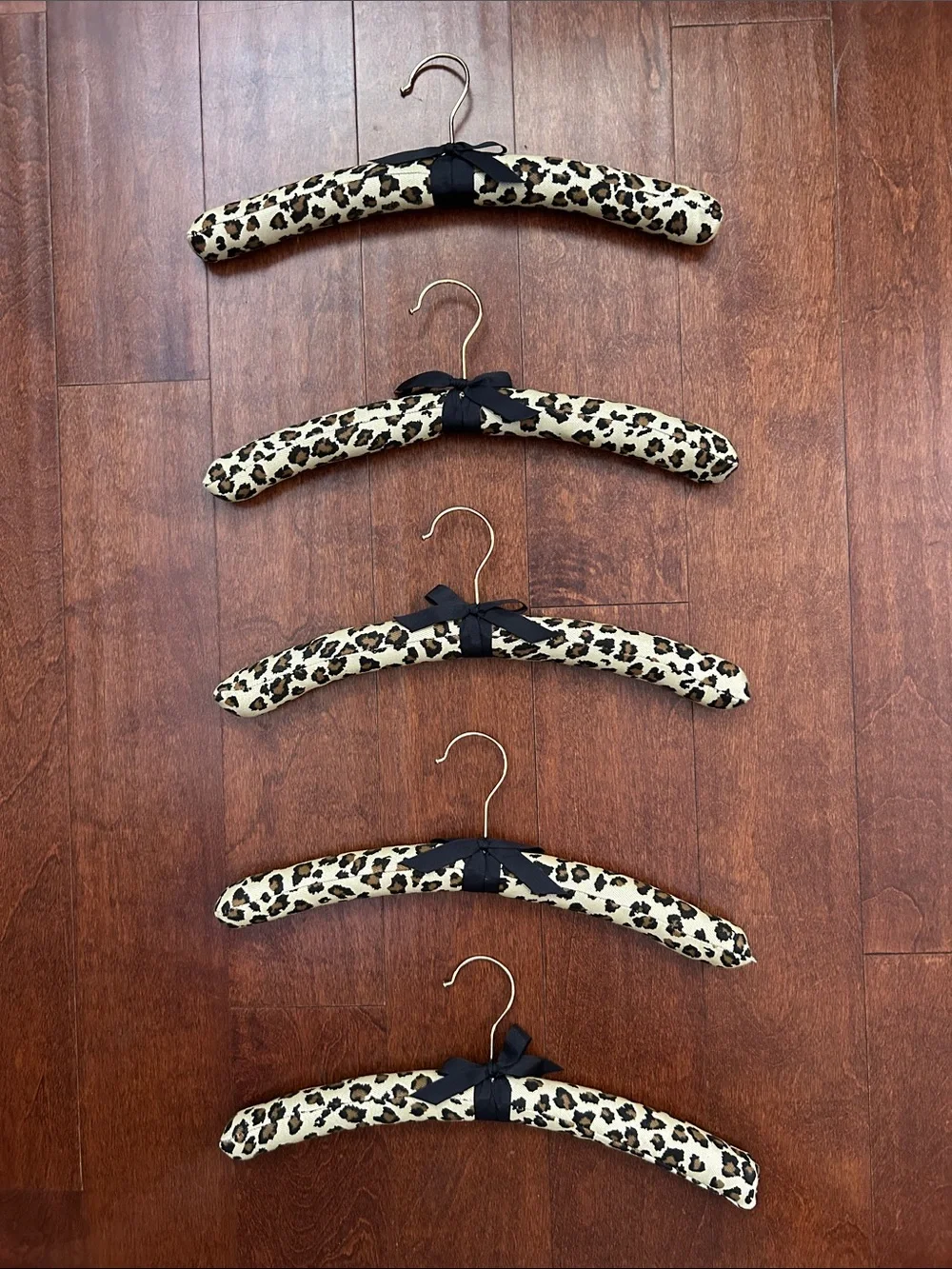 Animal Leopard Print Padded Hangers with Black Bows and Gold Hardware, Set of 5